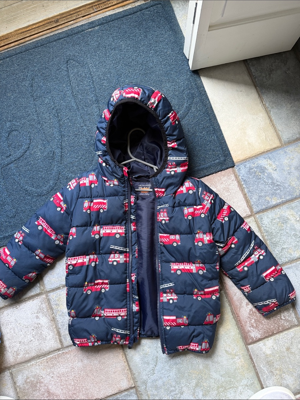 The Children's Place Navy Puffer Jacket with Red Fire Truck Print